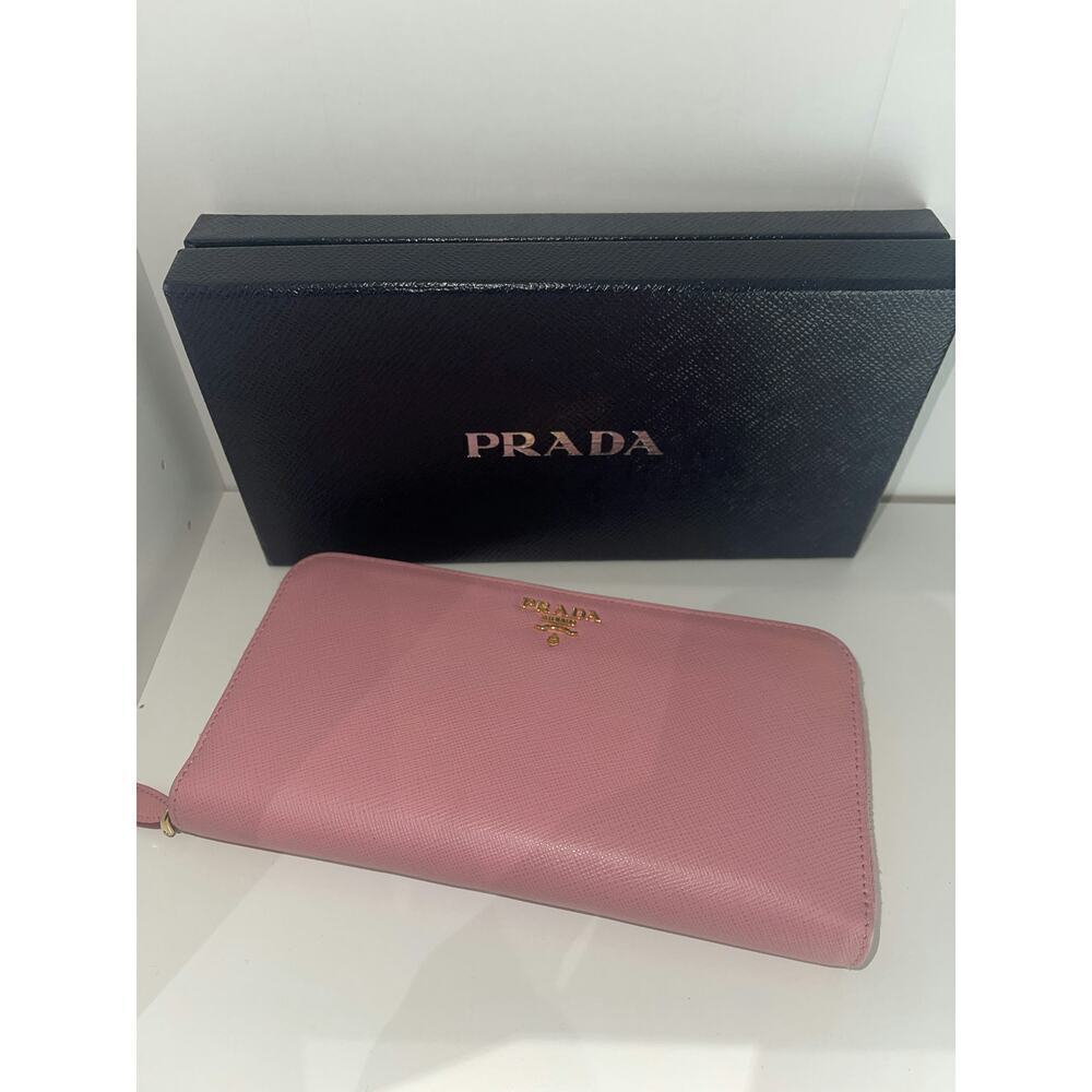 Prada Pink Saffiano Leather Zip-Around Wallet with Box